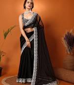 Black Embroidered Net Saree With Blouse Piece