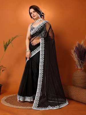 Black Embroidered Net Saree With Blouse Piece 2