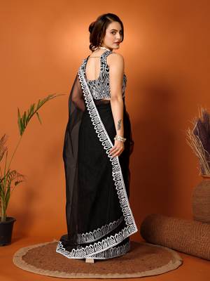 Black Embroidered Net Saree With Blouse Piece 3
