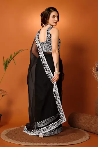 Black Embroidered Net Saree With Blouse Piece