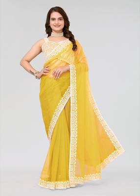 Yellow Embroidered Net Saree With Blouse Piece 1