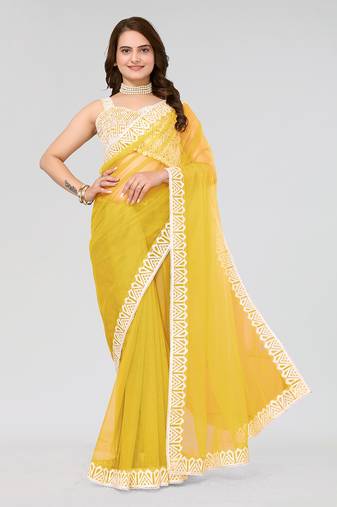 Yellow Embroidered Net Saree With Blouse Piece