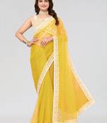 Yellow Embroidered Net Saree With Blouse Piece