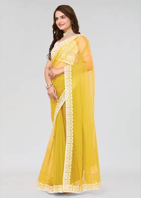 Yellow Embroidered Net Saree With Blouse Piece 2