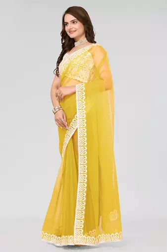 Yellow Embroidered Net Saree With Blouse Piece