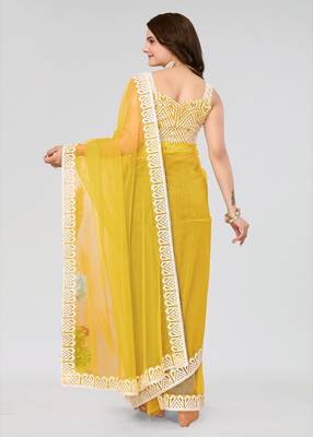 Yellow Embroidered Net Saree With Blouse Piece 3
