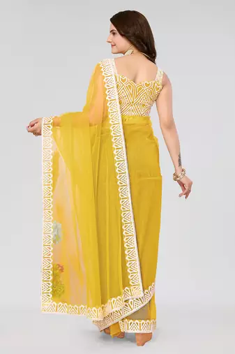 Yellow Embroidered Net Saree With Blouse Piece