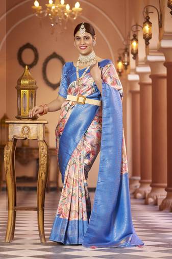Turquoise Blue::Multicolour Printed Silk Blend Saree With Blouse Piece
