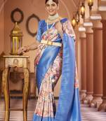 Turquoise Blue::Multicolour Printed Silk Blend Saree With Blouse Piece