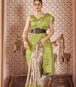 Lime Green::Multicolour Printed Silk Blend Saree With Blouse Piece