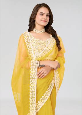 Yellow Embroidered Net Saree With Blouse Piece 5