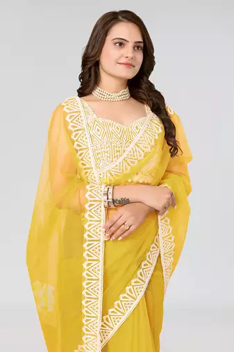 Yellow Embroidered Net Saree With Blouse Piece