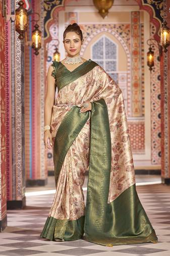 Green::Multicolour Printed Silk Blend Saree With Blouse Piece