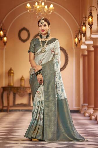 Teal::Multicolour Printed Silk Blend Saree With Blouse Piece