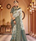 Teal::Multicolour Printed Silk Blend Saree With Blouse Piece