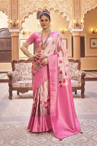 Charcoal::Multicolour Printed Silk Blend Saree With Blouse Piece