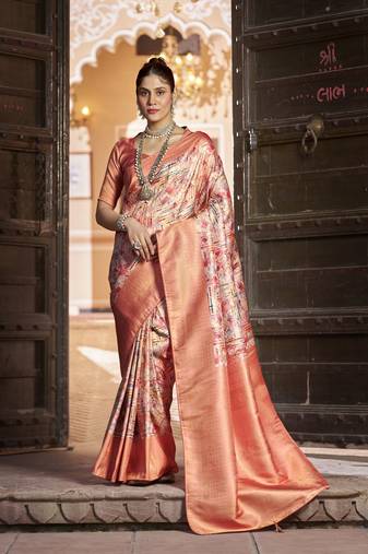 Peach::Multicolour Printed Silk Blend Saree With Blouse Piece