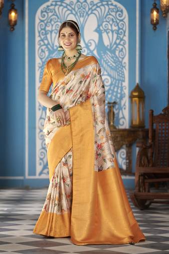 Orange::Multicolour Printed Silk Blend Saree With Blouse Piece