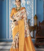 Orange::Multicolour Printed Silk Blend Saree With Blouse Piece