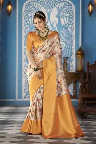 Orange::Multicolour Printed Silk Blend Saree With Blouse Piece