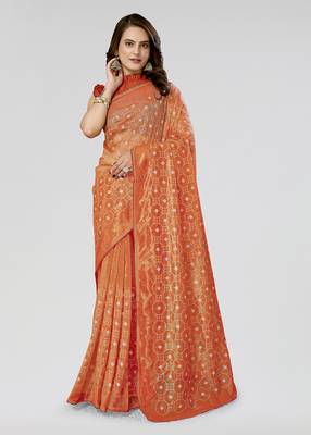 Orange Embroidered Net Saree With Blouse Piece 1