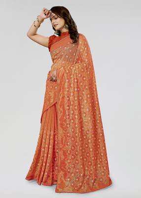 Orange Embroidered Net Saree With Blouse Piece 2