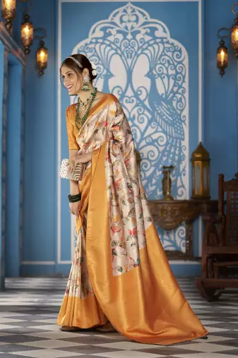 Orange::Multicolour Printed Silk Blend Saree With Blouse Piece
