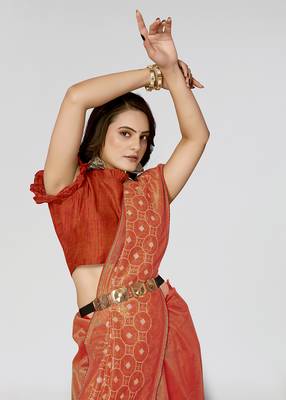 Orange Embroidered Net Saree With Blouse Piece 3