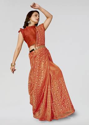 Orange Embroidered Net Saree With Blouse Piece 4