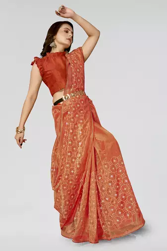Orange Embroidered Net Saree With Blouse Piece