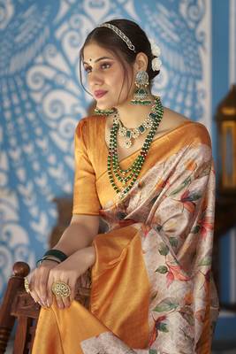 Orange::Multicolour Printed Silk Blend Saree With Blouse Piece 5