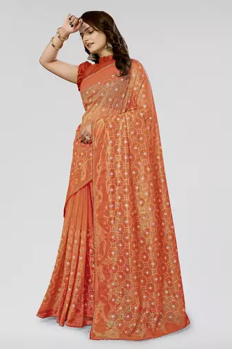 Orange Embroidered Net Saree With Blouse Piece