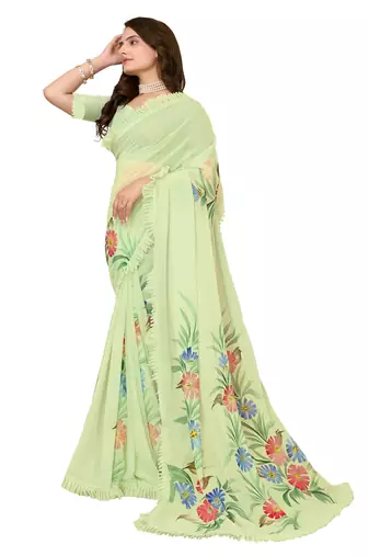 Green Embellished Georgette Saree With Blouse Piece