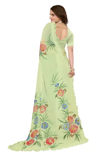 Green Embellished Georgette Saree With Blouse Piece