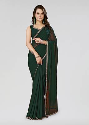 Bottale Green Solid/Plain Georgette Saree With Blouse Piece 1