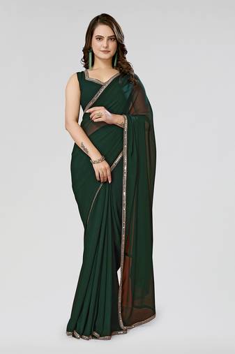 Bottale Green Solid/Plain Georgette Saree With Blouse Piece