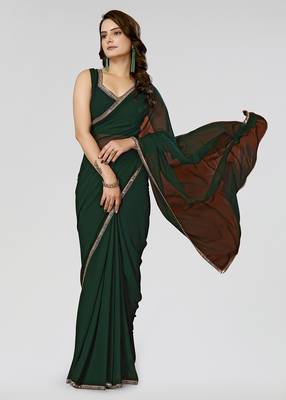Bottale Green Solid/Plain Georgette Saree With Blouse Piece 2