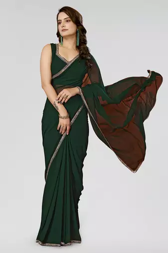 Bottale Green Solid/Plain Georgette Saree With Blouse Piece