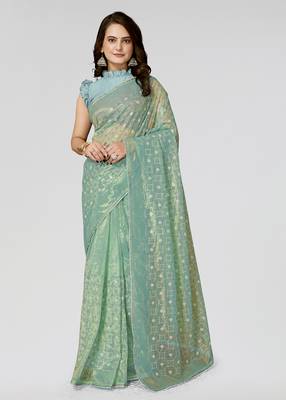 Rama Embroidered Net Saree With Blouse Piece 1