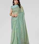 Rama Embroidered Net Saree With Blouse Piece