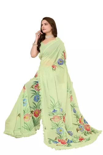 Green Embellished Georgette Saree With Blouse Piece
