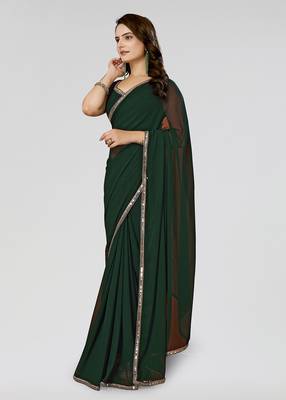 Bottale Green Solid/Plain Georgette Saree With Blouse Piece 3
