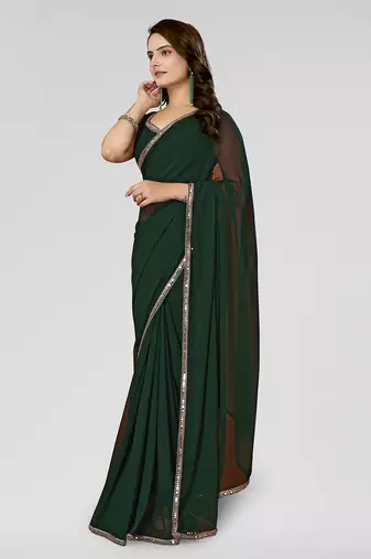 Bottale Green Solid/Plain Georgette Saree With Blouse Piece