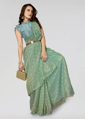 Rama Embroidered Net Saree With Blouse Piece 2