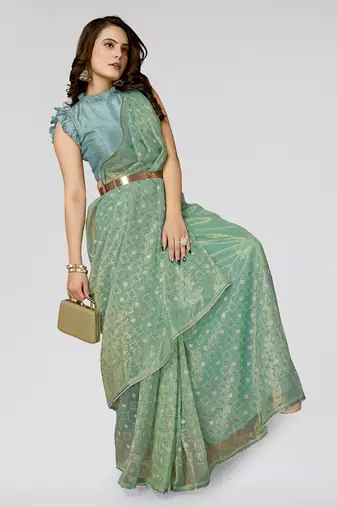 Rama Embroidered Net Saree With Blouse Piece