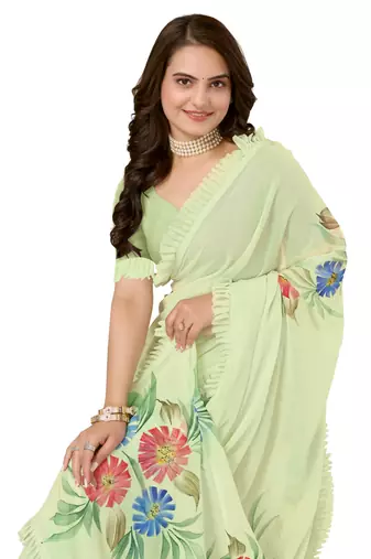 Green Embellished Georgette Saree With Blouse Piece