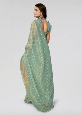 Rama Embroidered Net Saree With Blouse Piece 3