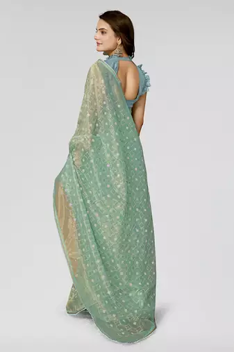 Rama Embroidered Net Saree With Blouse Piece