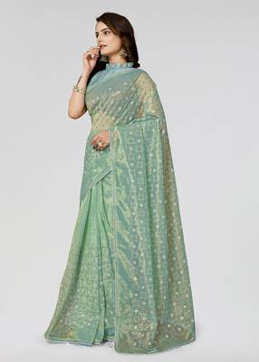 Rama Embroidered Net Saree With Blouse Piece 4