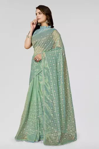 Rama Embroidered Net Saree With Blouse Piece